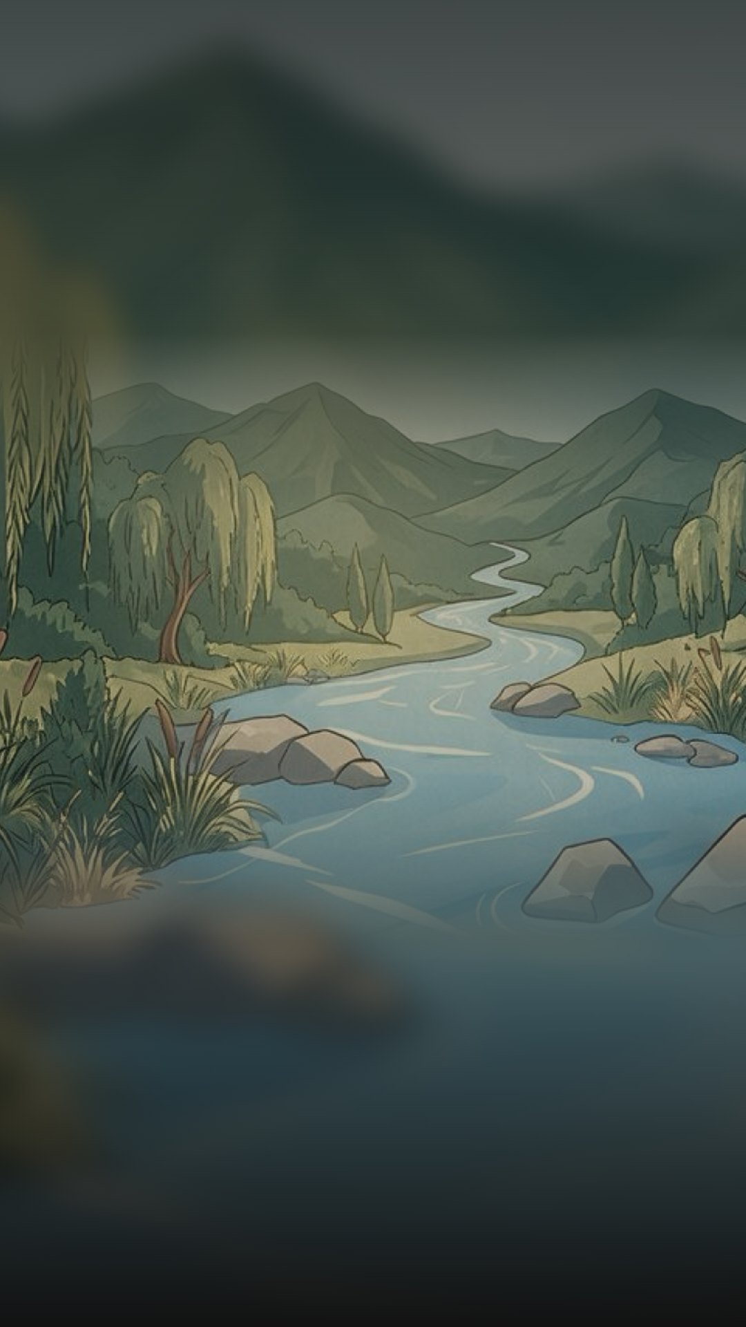 A painted river valley with willows, rocks and green mountains under a warm evening glow.