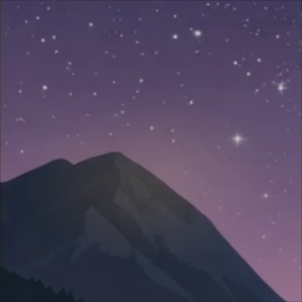 A starry violet night sky over a dark mountain
